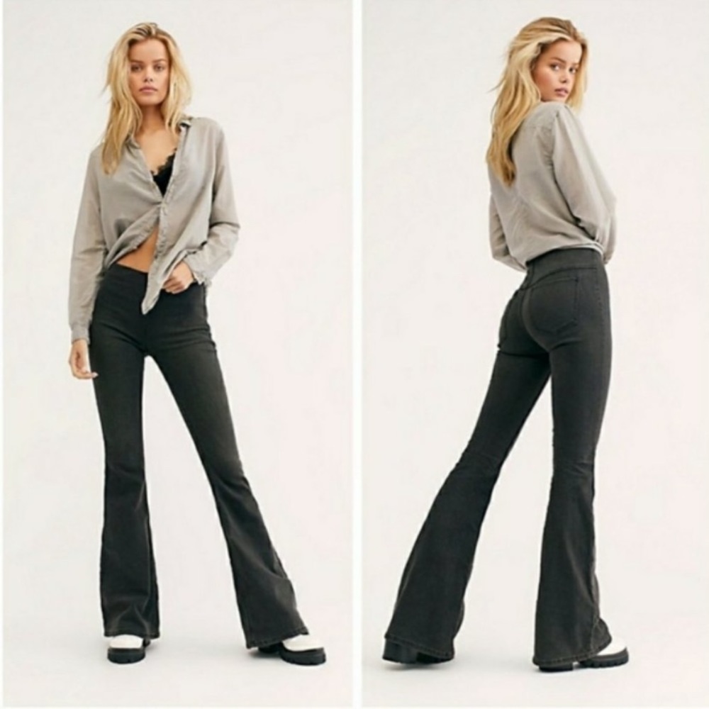 NWOT Free People Penny Pull On Flare Jeans Washed Black  size 30